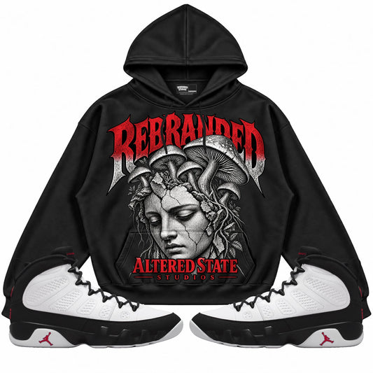 Rebranded Studios Altered State Air Jordan 9 OG Space Jam Collection black hoodie — front with sneakers