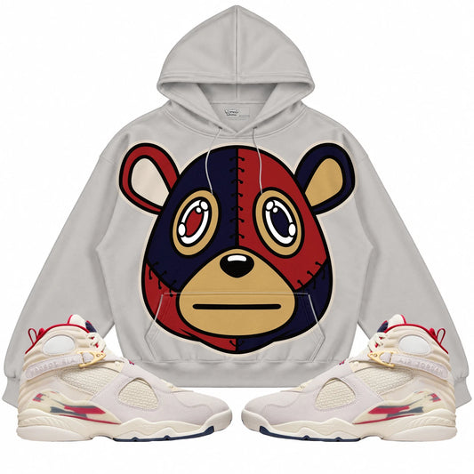 Rebranded Studios Rebranded Bear AIR JORDAN 8 X SOLEFLY “MI CASA ES SU CASA" Collection light gray hoodie — front with sneakers