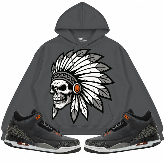 Rebranded Studios Chief 2.0 Air Jordan 3 Fear Charcoal Gray hoodie — front with sneakers