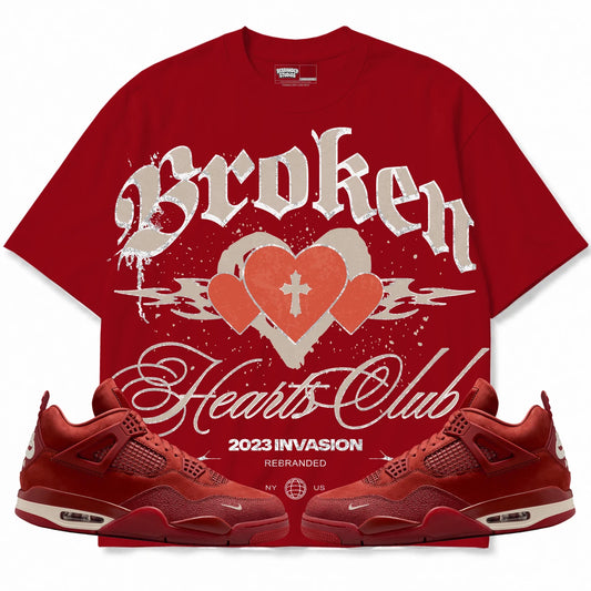 Rebranded Studios Broken Hearts Club Air Jordan 4 Brick By Brick red shirt — front with sneakers