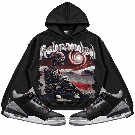 Rebranded Studios Rebranded Future Air Jordan 3 Black Cement Black hoodie — front with sneakers