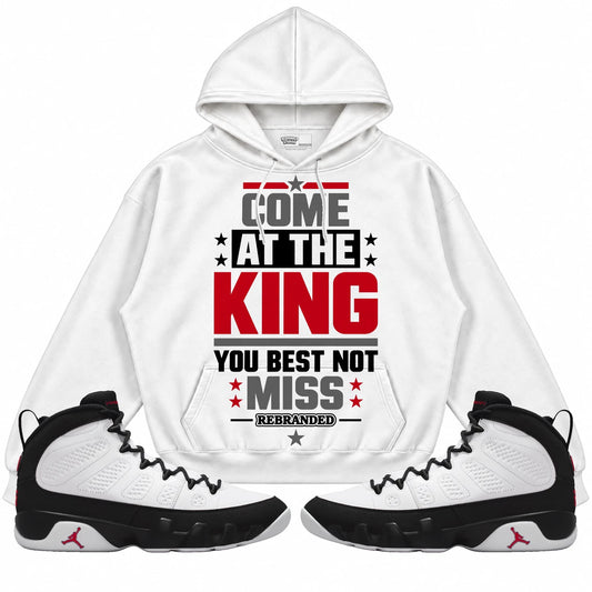 Rebranded Studios Come At The King You Best Not Miss Air Jordan 9 OG Space Jam Collection white hoodie — front with sneakers