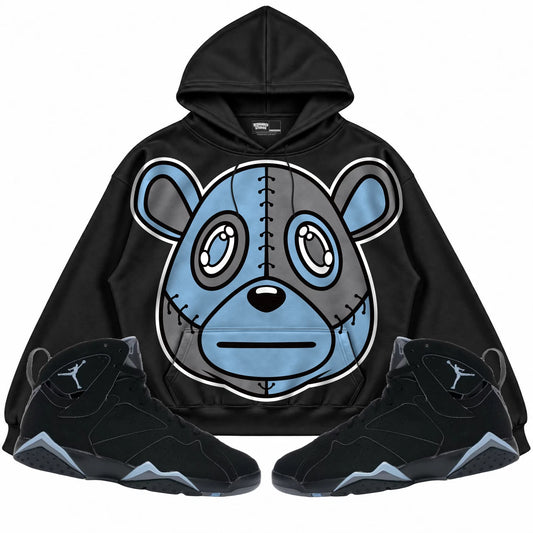 Rebranded Studios Rebranded Bear Air Jordan 7 Chambray Black hoodie — front with sneakers