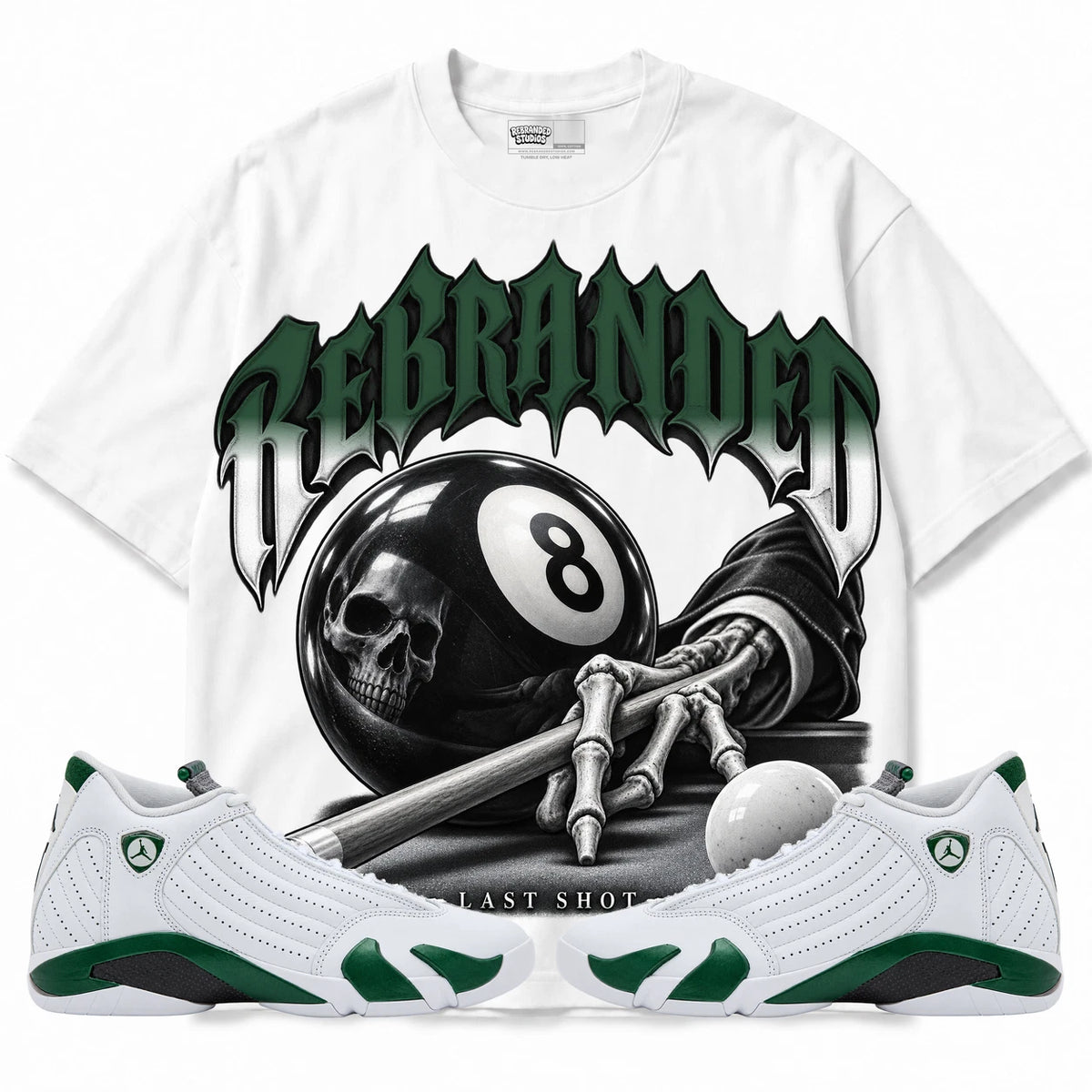 Rebranded Studios Last Shot Air Jordan 14 Forest Green Collection white shirt — front with sneakers