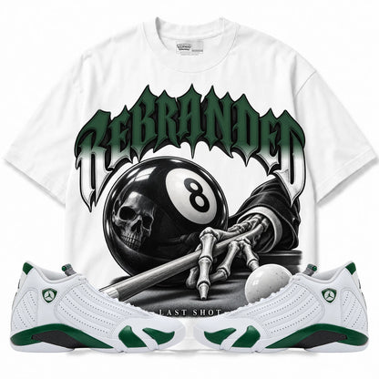 Rebranded Studios Last Shot Air Jordan 14 Forest Green Collection white shirt — front with sneakers