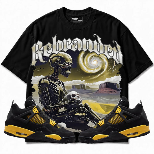 Rebranded Studios Rebranded Future Air Jordan 4 Thunder Black shirt — front with sneakers