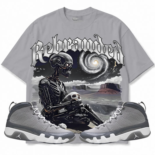 Rebranded Studios Rebranded Future Air Jordan 9 Cool Grey light gray shirt — front with sneakers