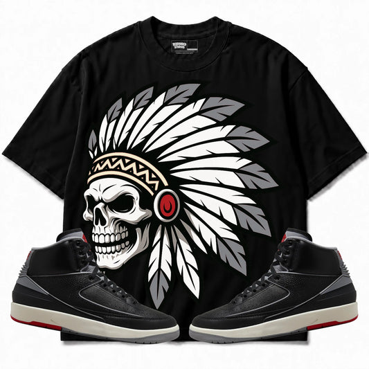 Rebranded Studios Chief 2.0 Air Jordan 2 Black Cement Black shirt — front with sneakers