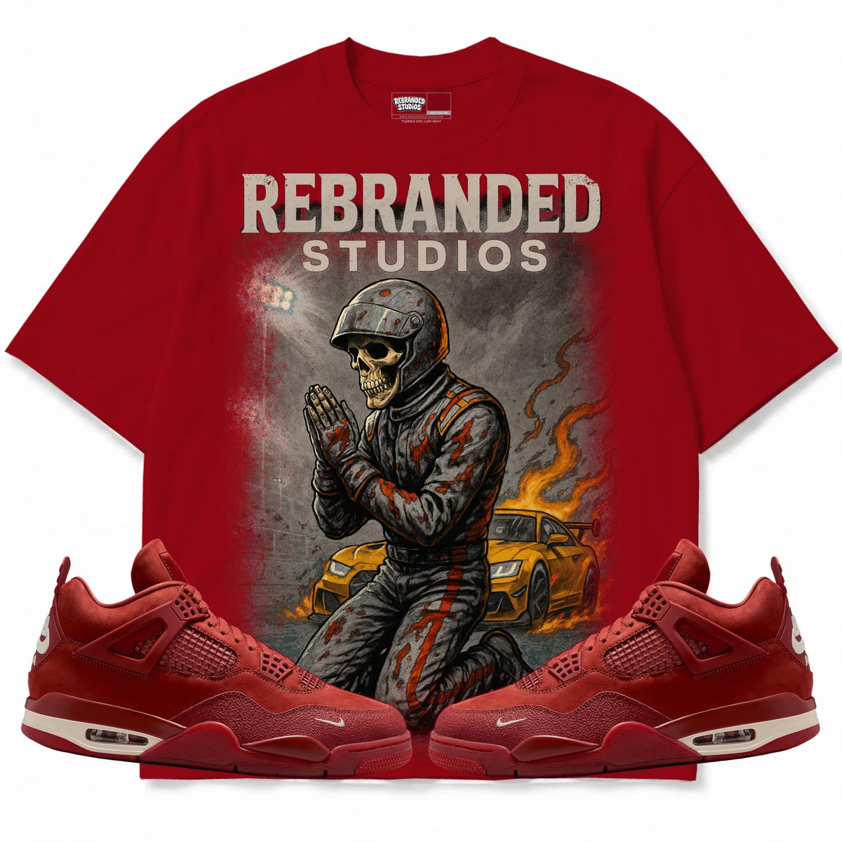 Rebranded Studios Prayers Air Jordan 4 Brick By Brick red shirt — front with sneakers