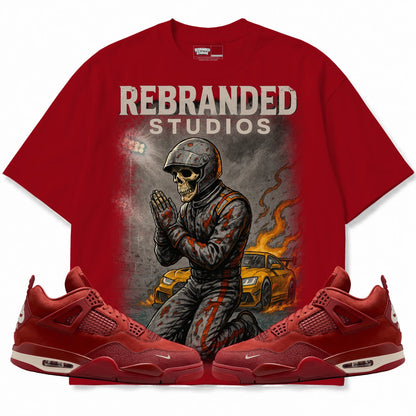 Rebranded Studios Prayers Air Jordan 4 Brick By Brick red shirt — front with sneakers