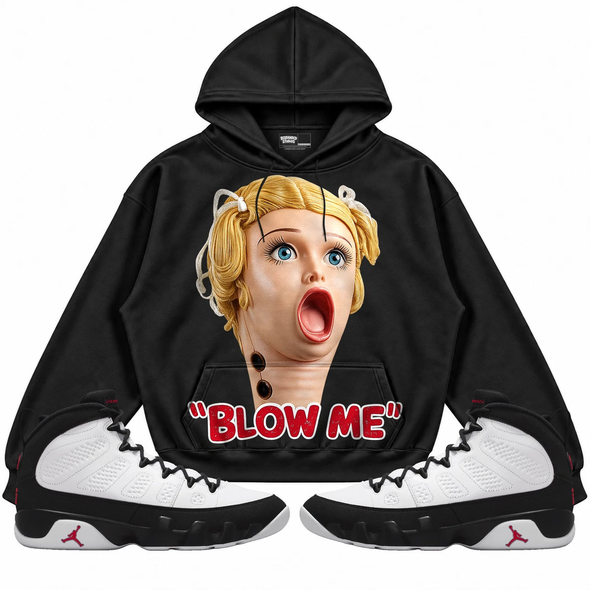 Rebranded Studios Blow Me Air Jordan 9 OG Space Jam black hoodie — front with sneakers