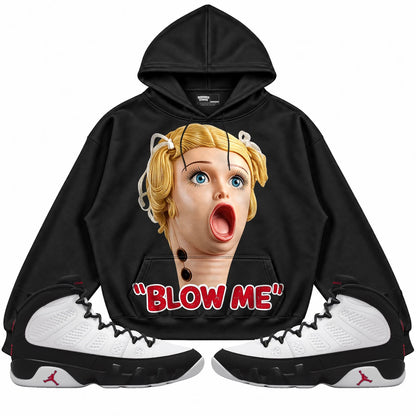 Rebranded Studios Blow Me Air Jordan 9 OG Space Jam black hoodie — front with sneakers