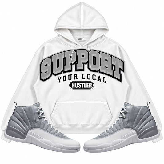 Rebranded Studios Support Your Local Hustler Air Jordan Retro 12 Stealth Collection White hoodie — front with sneakers