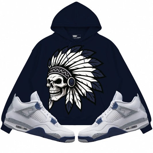 Rebranded Studios Chief 2.0 Air Jordan Retro 4 Midnight Navy Navy hoodie — front with sneakers