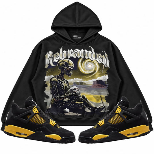 Rebranded Studios Rebranded Future Air Jordan 4 Thunder Black hoodie — front with sneakers