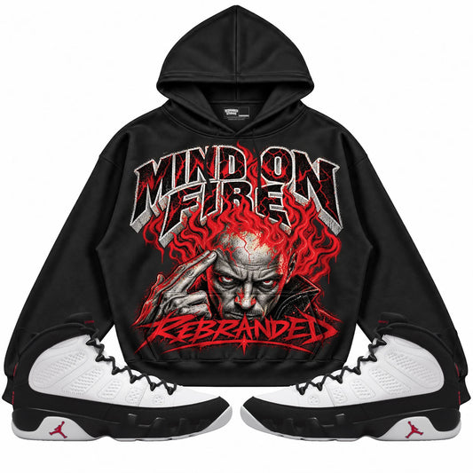 Rebranded Studios Mind on Fire Air Jordan 9 OG Space Jam Collection black hoodie — front with sneakers