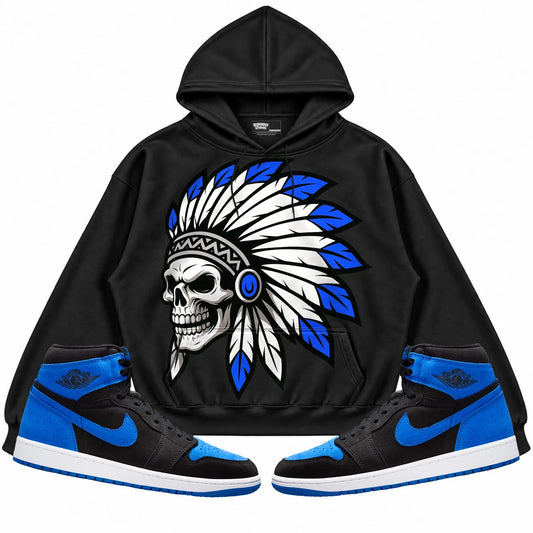 Rebranded Studios Chief 2.0 Air Jordan 1 Royal Reimagined Black hoodie — front with sneakers
