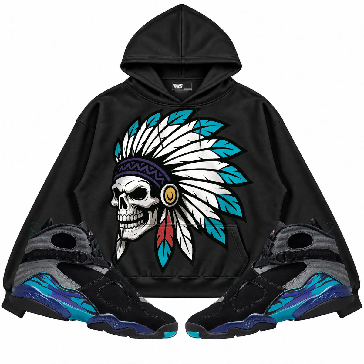 Rebranded Studios Chief 2.0 Air Jordan 8 Aqua Black hoodie — front with sneakers