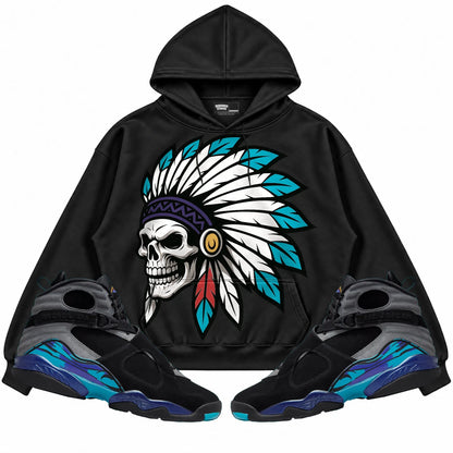 Rebranded Studios Chief 2.0 Air Jordan 8 Aqua Black hoodie — front with sneakers