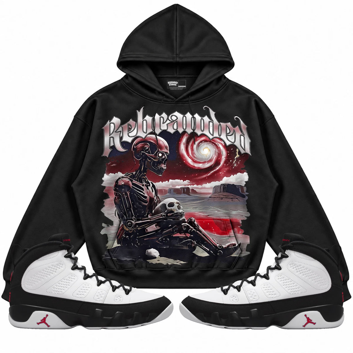Rebranded Studios Rebranded Future Air Jordan 9 OG Space Jam black hoodie — front with sneakers