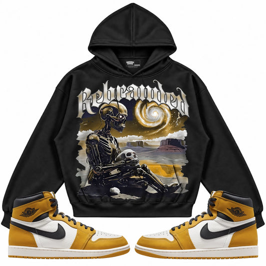 Rebranded Studios Rebranded Future Air Jordan 1 Retro High OG Yellow Ochre Black hoodie — front with matching sneakers