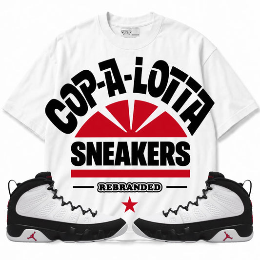 Rebranded Studios Cop Alotta Of Sneakers Air Jordan 9 OG Space Jam Collection white shirt — front with sneakers