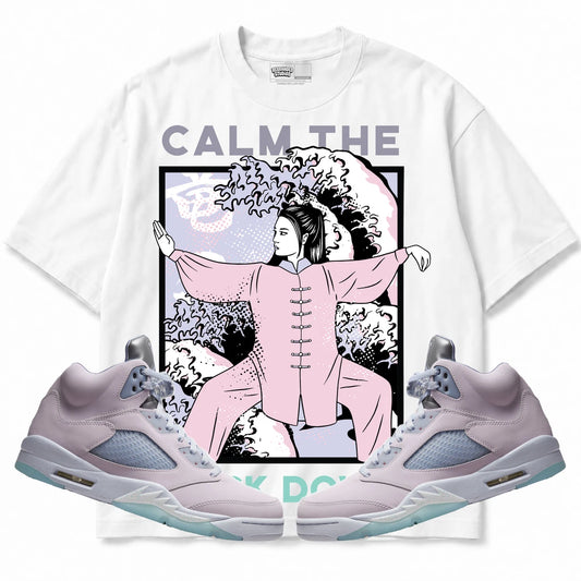 Rebranded Studios Calm TF Down Air Jordan Retro 5 Easter/Regal Pink Collection White shirt — front with sneakers