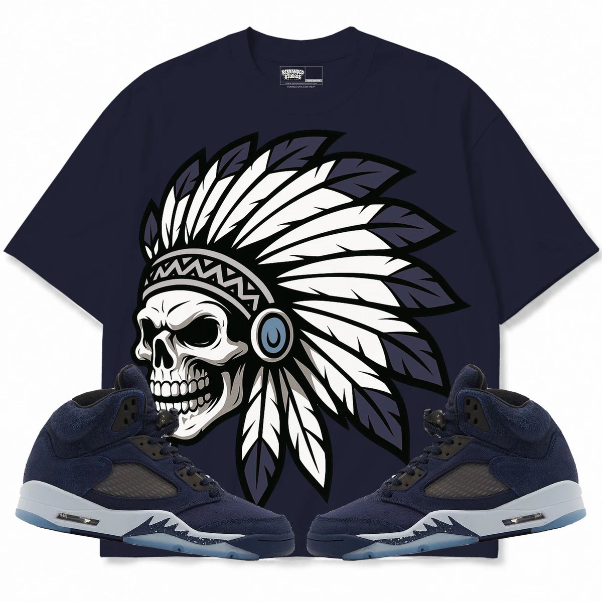Rebranded Studios Chief 2.0 Air Jordan 5 Midnight Navy Navy shirt — front with sneakers