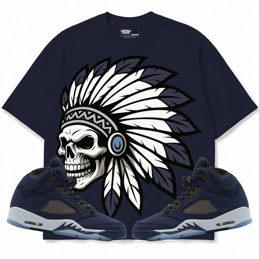 Rebranded Studios Chief 2.0 Air Jordan 5 Midnight Navy Navy shirt — front with sneakers