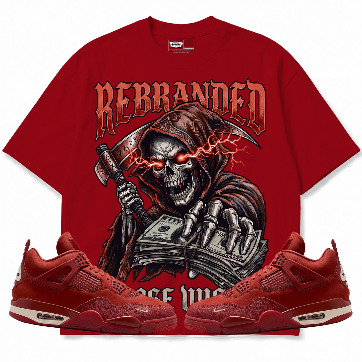 Rebranded Studios Choose Wisely Air Jordan 4 Brick By Brick red shirt — front with sneakers