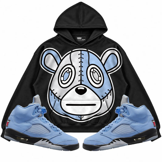 Rebranded Studios Rebranded Bear Air Jordan 5 UNC Collection black hoodie — front with sneakers