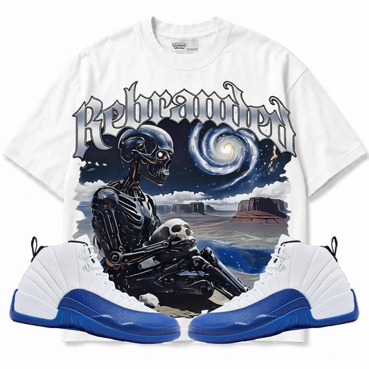 Rebranded Studios Rebranded Future Air Jordan 12 Blueberry White shirt — front with sneakers