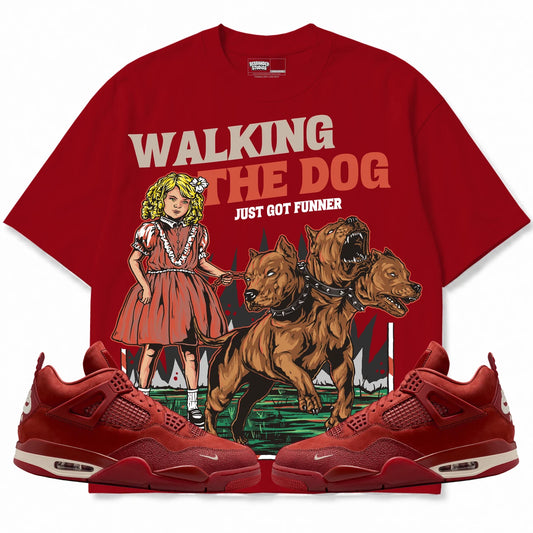 Rebranded Studios Walking The Dog Air Jordan 4 Brick By Brick red shirt — front with sneakers