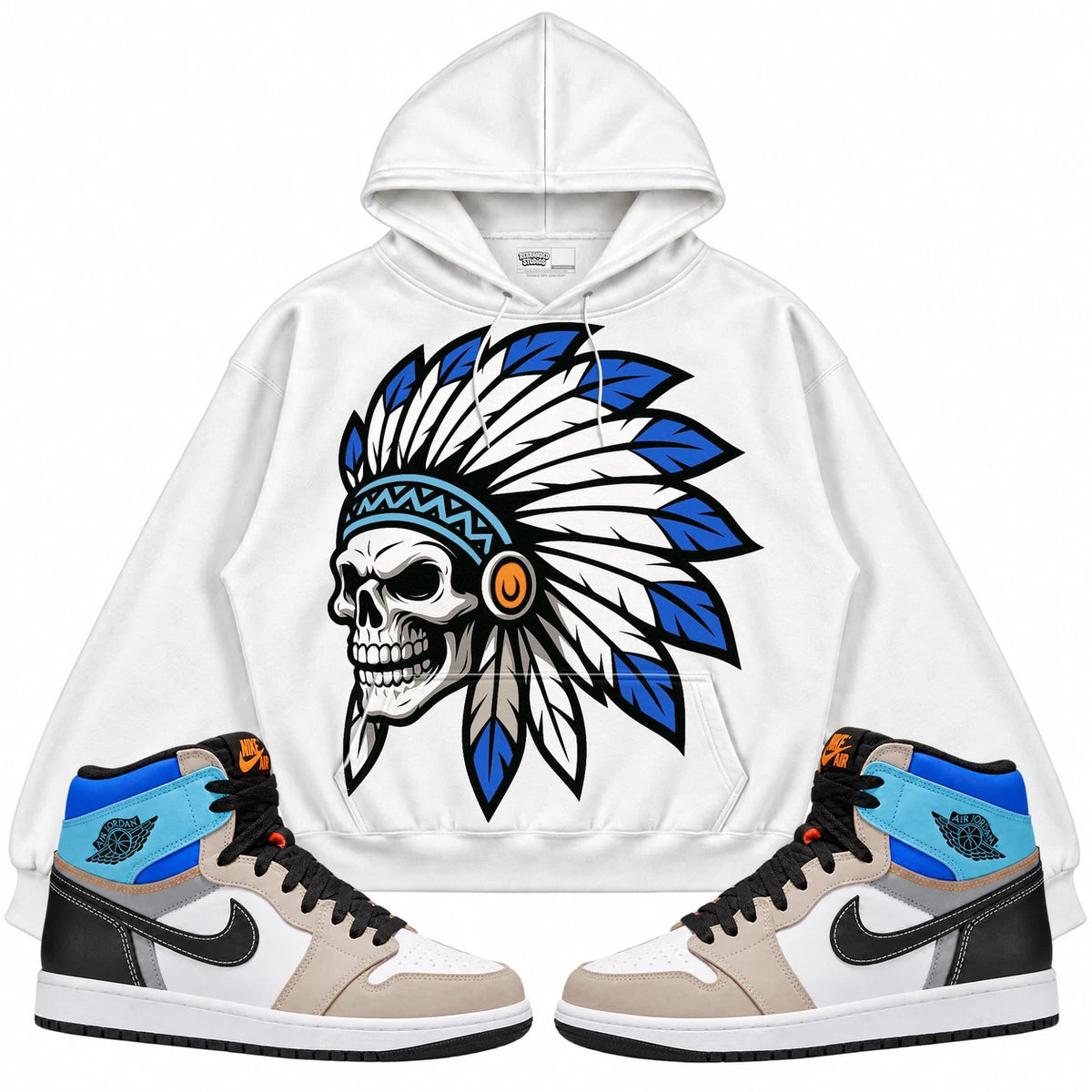 Rebranded Studios Chief 2.0 Air Jordan Retro 1 Prototype White hoodie — front with sneakers