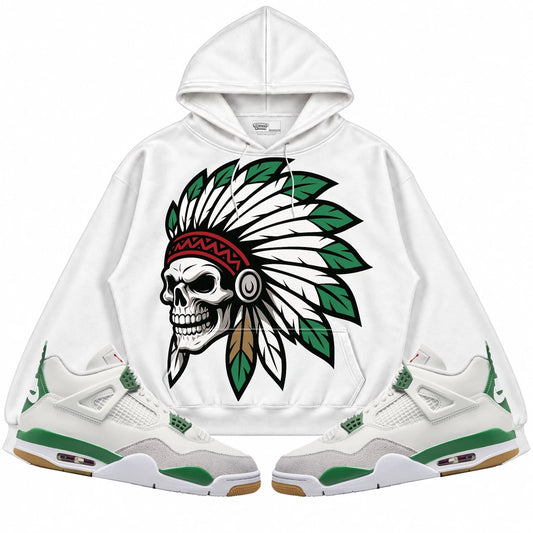 Rebranded Studios Chief 2.0 AIR JORDAN 4 PINE GREEN X NIKE SB White hoodie — front with sneakers