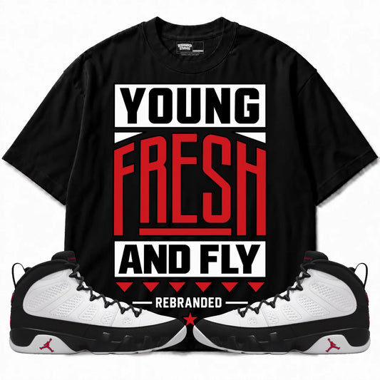 Rebranded Studios Young Fresh And Fly Air Jordan 9 OG Space Jam Collection black shirt — front with sneakers