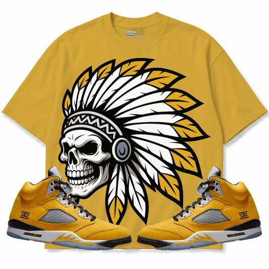 Rebranded Studios Chief 2.0 Air Jordan 5 Tokyo Mustard Gold shirt — front with sneakers
