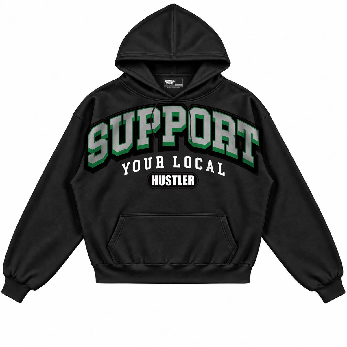 Rebranded Studios Support Your Local Hustler Air Jordan 1 Lucky Green Black hoodie — front