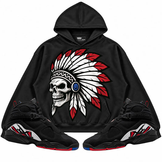 Rebranded Studios Chief 2.0 Air Jordan 8 Playoff Black hoodie — front with sneakers