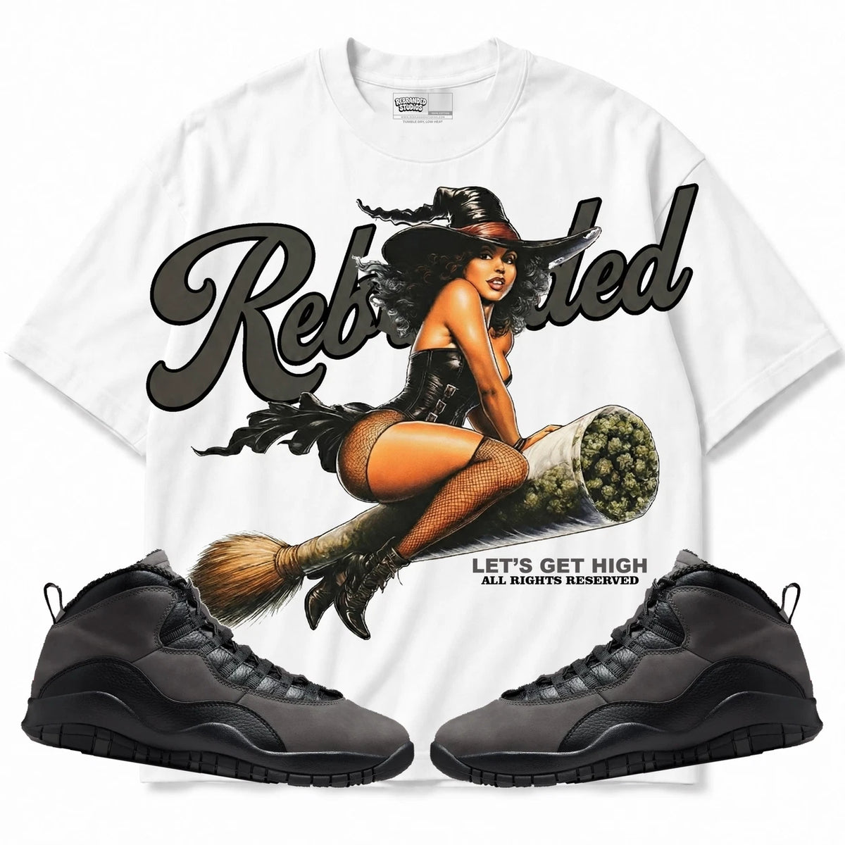 Rebranded Studios Let's Get High Air Jordan 10 Shadow Collection white shirt — front with sneakers