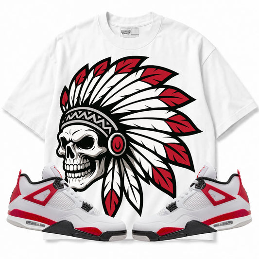 Rebranded Studios Chief 2.0 Air Jordan 4 Red Cement White shirt — front with sneakers