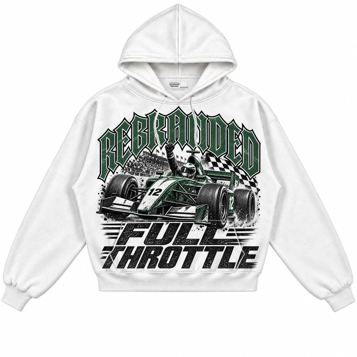Rebranded Studios Full Throttle Air Jordan 14 Forest Green Collection white hoodie — front