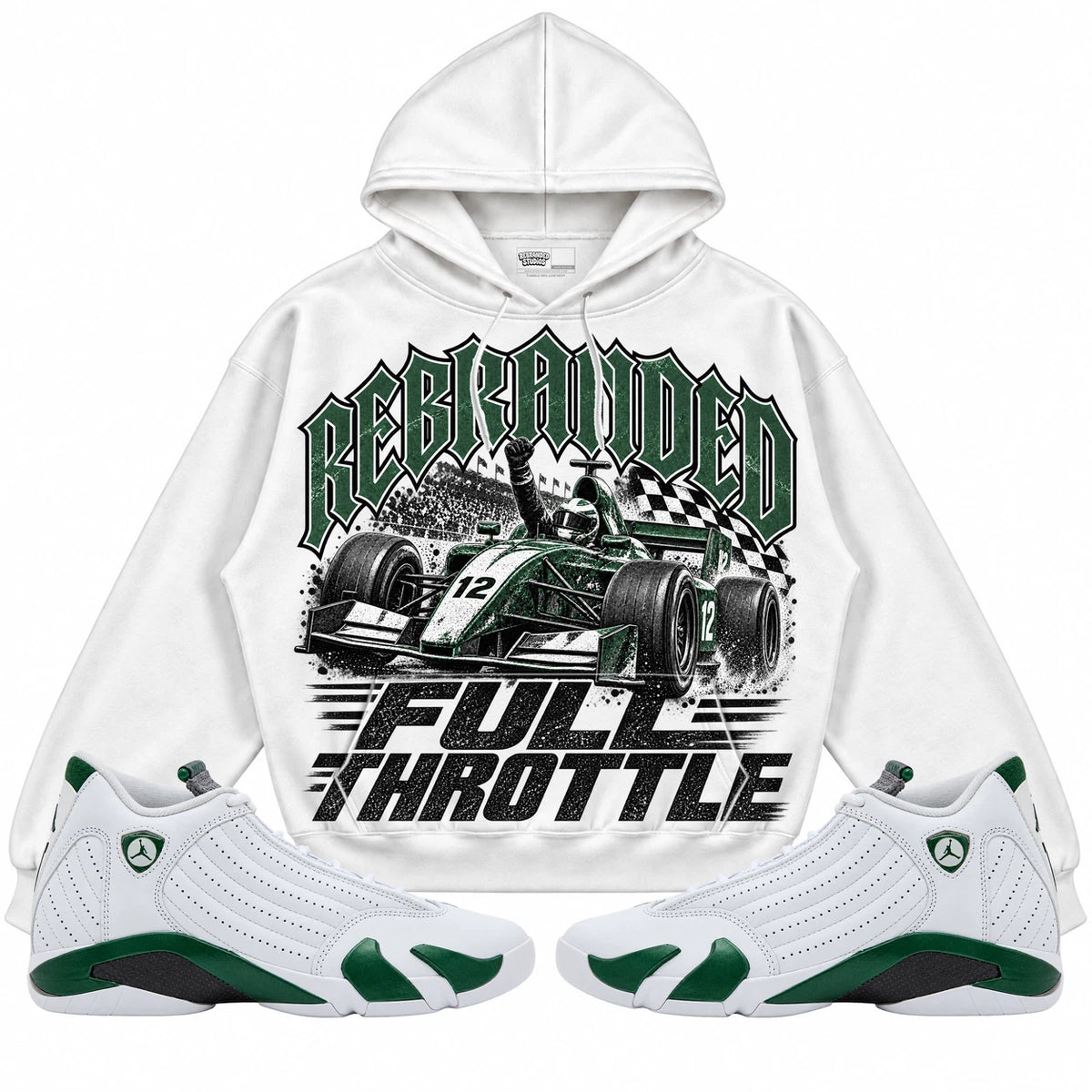 Rebranded Studios Full Throttle Air Jordan 14 Forest Green Collection white hoodie — front with sneakers