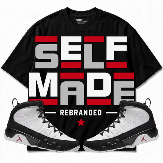 Rebranded Studios Self Made Air Jordan 9 OG Space Jam Collection black shirt — front with sneakers