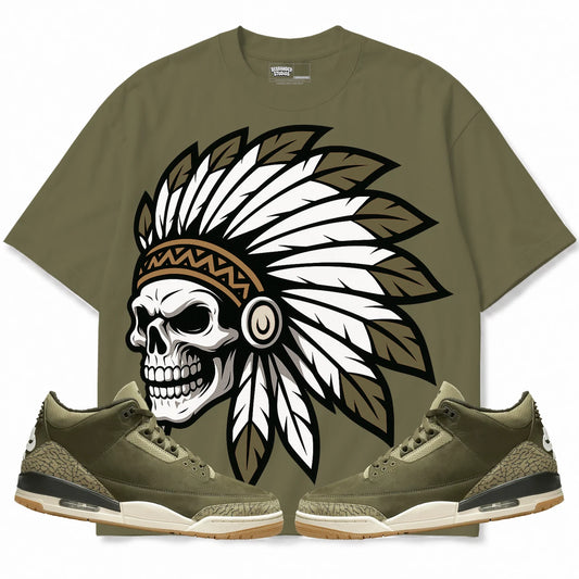 Rebranded Studios Chief 2.0 Air Jordan 3 Family Affair Olive shirt — front with sneakers
