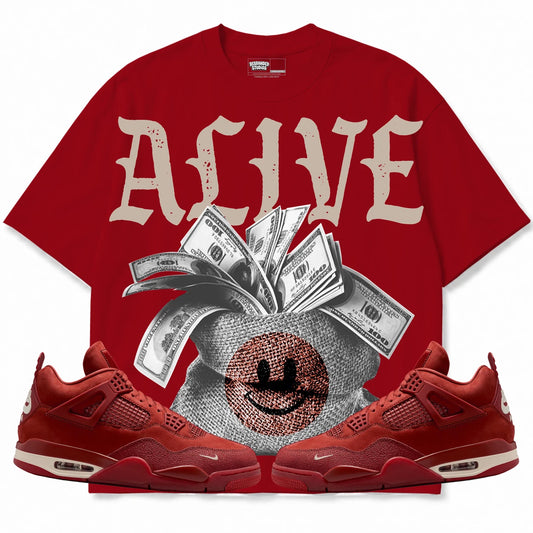 Rebranded Studios Alive Air Jordan 4 Brick By Brick red shirt — front with sneakers