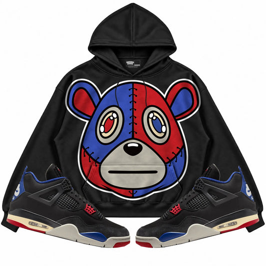 Rebranded Studios Rebranded Bear Air Jordan 4 Rare Air Black hoodie — front with sneakers