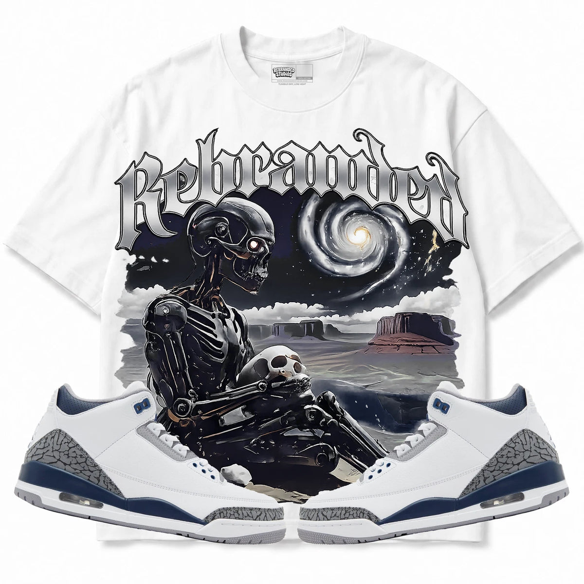 Rebranded Studios Rebranded Future Air Jordan 3 White Navy White shirt — front with sneakers