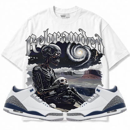 Rebranded Studios Rebranded Future Air Jordan 3 White Navy White shirt — front with sneakers