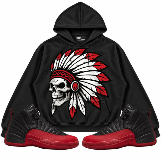 Rebranded Studios Chief 2.0 Air Jordan 12 Flu Game Black hoodie — front with sneakers